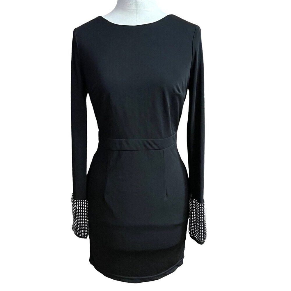 AQUA LUXE Little Black Dress Mini Bodycon Rhinestone Cuffs Women Small‎ V-Back